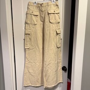 Beige Cargo Wide-Leg Pants